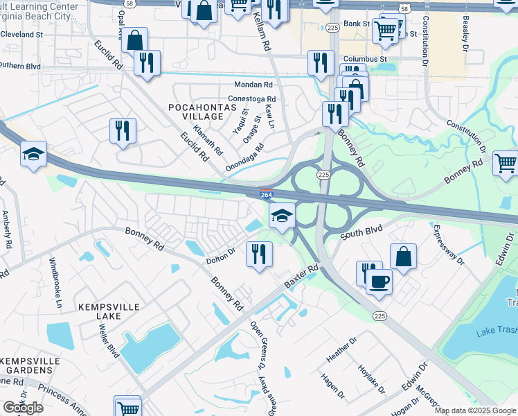 map of restaurants, bars, coffee shops, grocery stores, and more near 508 Griffin Lane in Virginia Beach