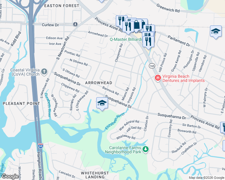 map of restaurants, bars, coffee shops, grocery stores, and more near 236 Cheyenne Road in Virginia Beach