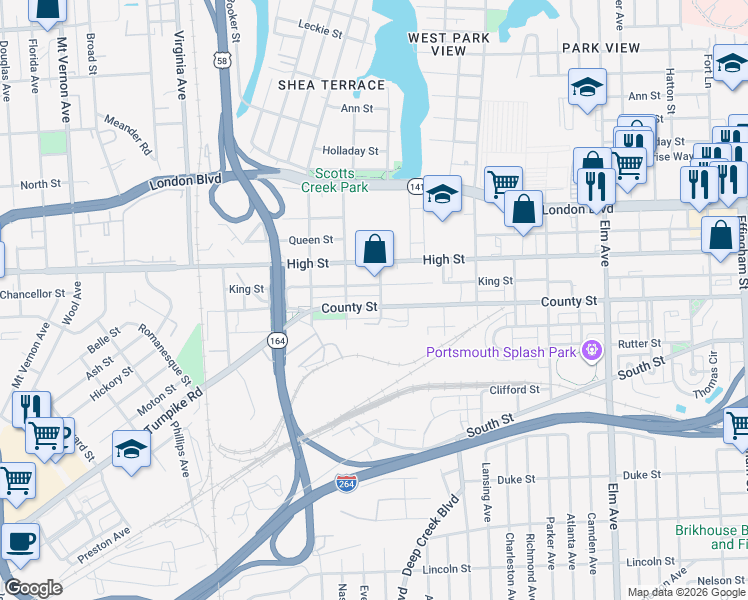 map of restaurants, bars, coffee shops, grocery stores, and more near 1907 King Street in Portsmouth