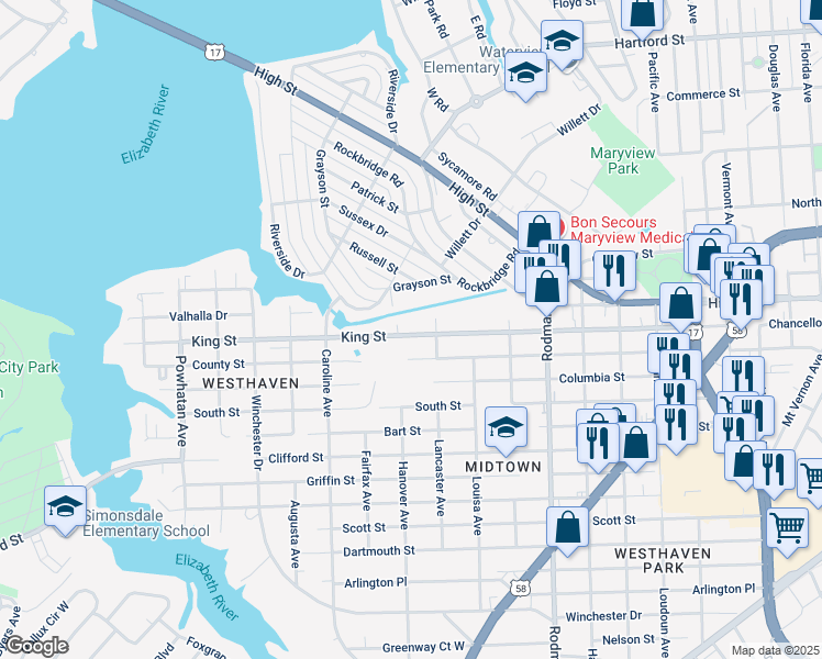 map of restaurants, bars, coffee shops, grocery stores, and more near 4016 King Street in Portsmouth