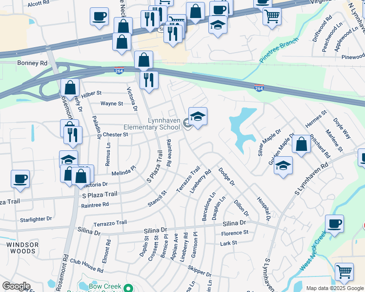 map of restaurants, bars, coffee shops, grocery stores, and more near 217 Dillon Drive in Virginia Beach