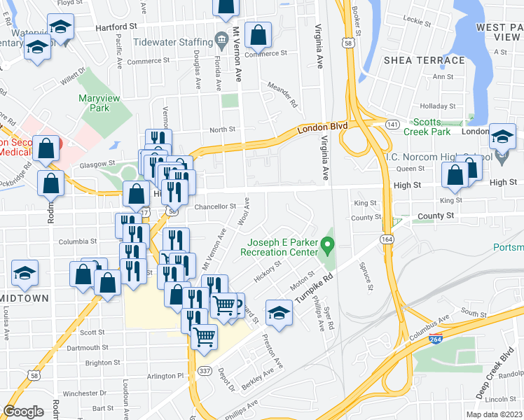 map of restaurants, bars, coffee shops, grocery stores, and more near 1330 Watson Street in Portsmouth