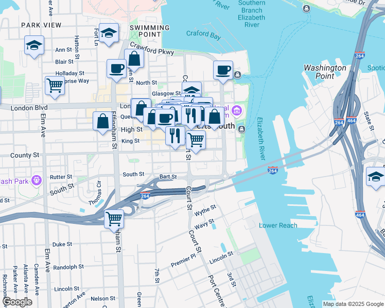 map of restaurants, bars, coffee shops, grocery stores, and more near 701 Court Street in Portsmouth