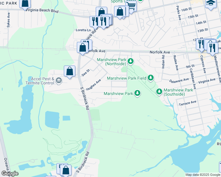 map of restaurants, bars, coffee shops, grocery stores, and more near 1401 Preserve Drive in Virginia Beach