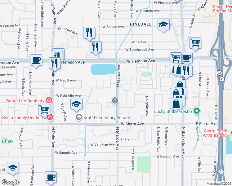 map of restaurants, bars, coffee shops, grocery stores, and more near 6600 North Maroa Avenue in Fresno
