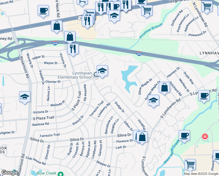 map of restaurants, bars, coffee shops, grocery stores, and more near 221 Doctor Drive in Virginia Beach