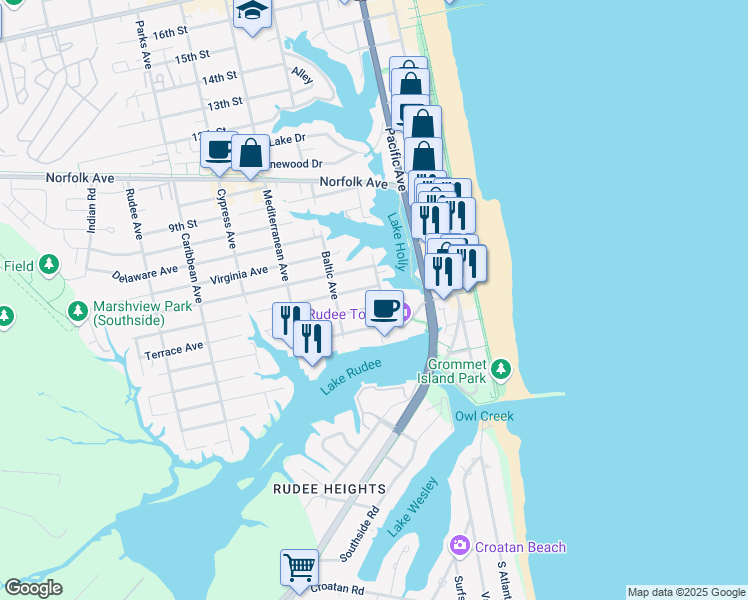 map of restaurants, bars, coffee shops, grocery stores, and more near 387 Terrace Avenue in Virginia Beach