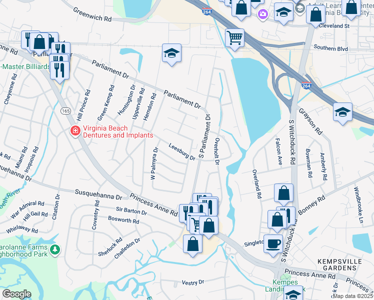 map of restaurants, bars, coffee shops, grocery stores, and more near 259 North Palmyra Drive in Virginia Beach