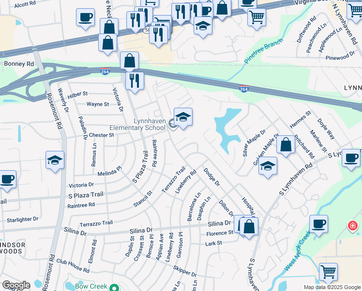 map of restaurants, bars, coffee shops, grocery stores, and more near 204 Doctor Drive in Virginia Beach