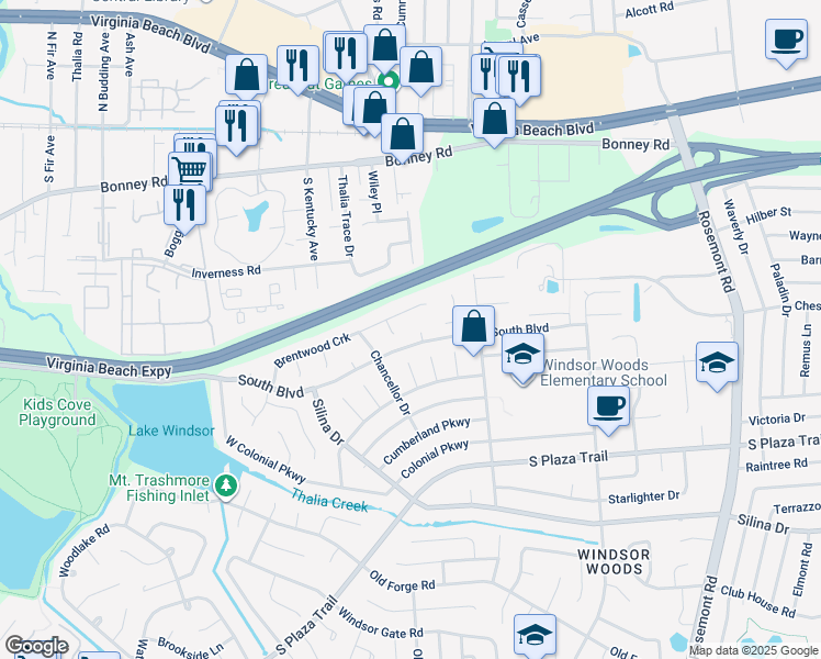 map of restaurants, bars, coffee shops, grocery stores, and more near 3821 Brentwood Crescent in Virginia Beach