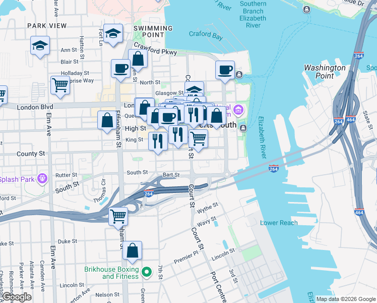 map of restaurants, bars, coffee shops, grocery stores, and more near 346 County Street in Portsmouth