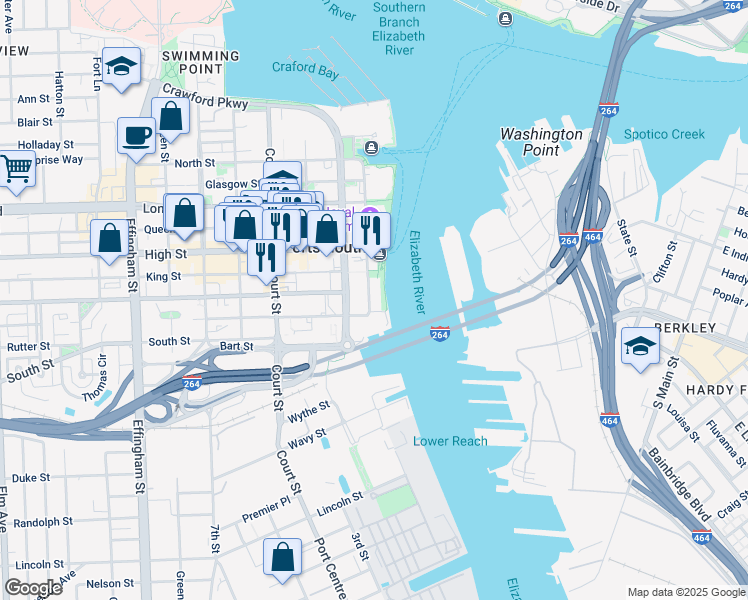 map of restaurants, bars, coffee shops, grocery stores, and more near 1 Water Street in Portsmouth