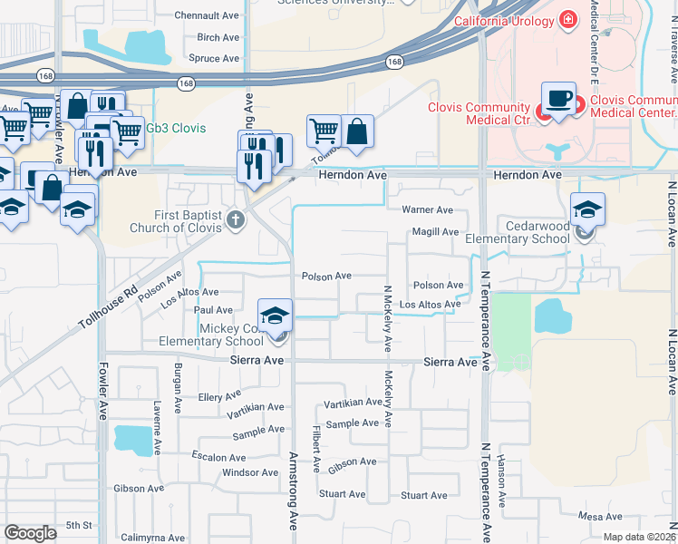 map of restaurants, bars, coffee shops, grocery stores, and more near 2267 Polson Avenue in Clovis