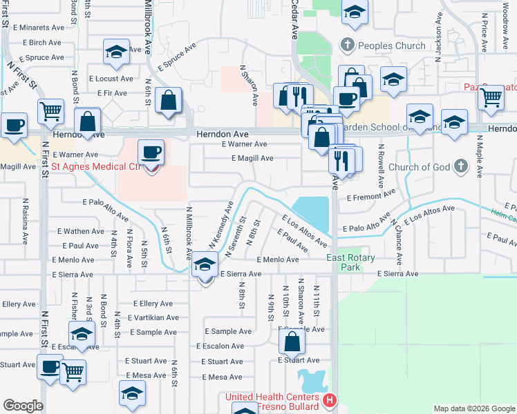 map of restaurants, bars, coffee shops, grocery stores, and more near 1608 East Los Altos Avenue in Fresno