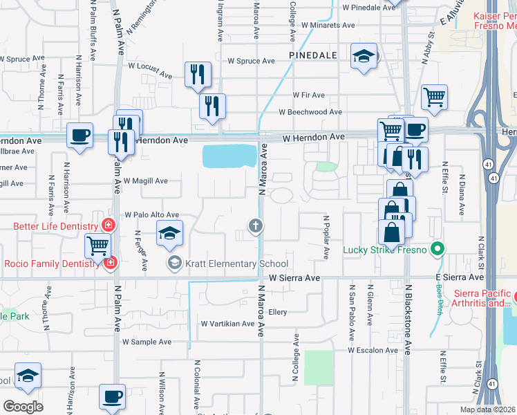 map of restaurants, bars, coffee shops, grocery stores, and more near 6600 North Maroa Avenue in Fresno