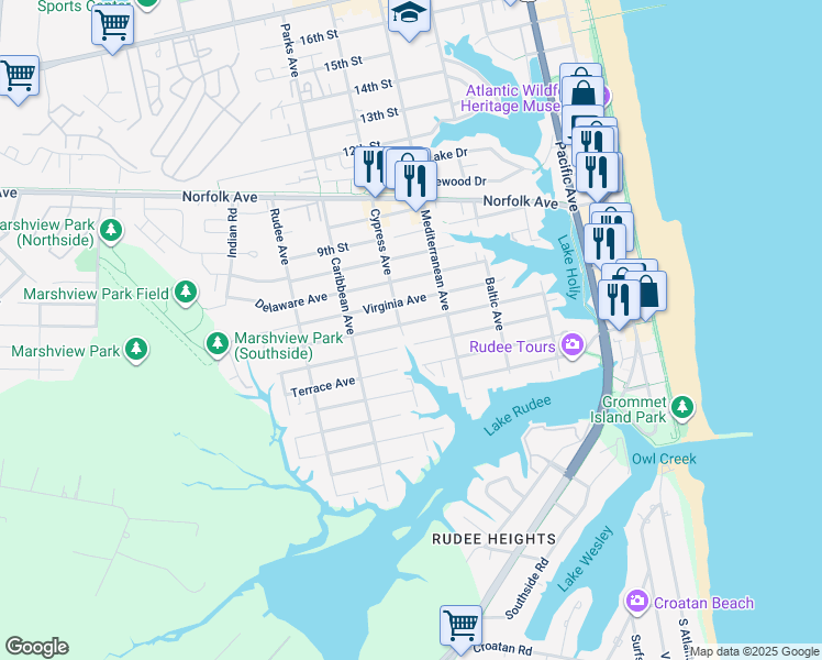 map of restaurants, bars, coffee shops, grocery stores, and more near 617 Carolina Avenue in Virginia Beach