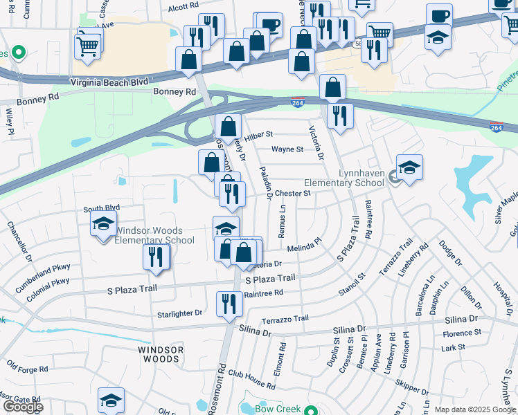 map of restaurants, bars, coffee shops, grocery stores, and more near 201 Paladin Drive in Virginia Beach