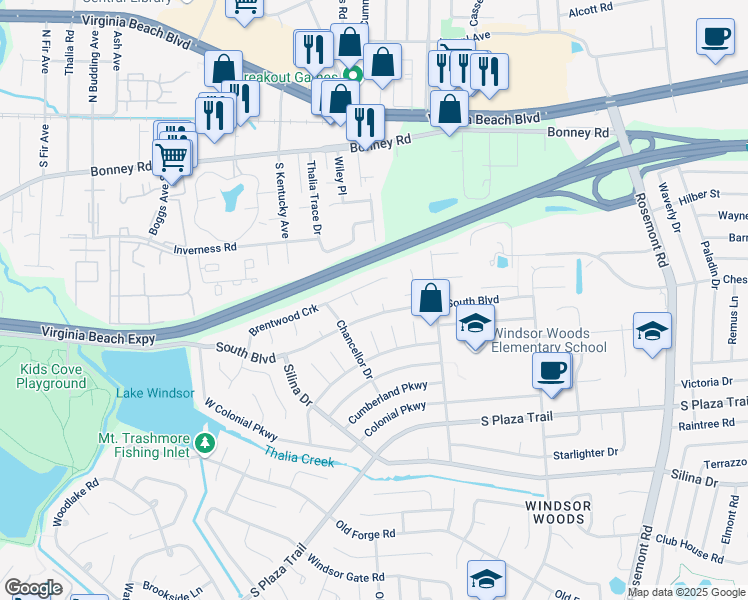 map of restaurants, bars, coffee shops, grocery stores, and more near 3821 Brentwood Crescent in Virginia Beach