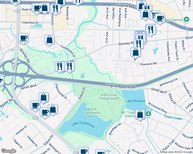 map of restaurants, bars, coffee shops, grocery stores, and more near 212 South Fir Avenue in Virginia Beach