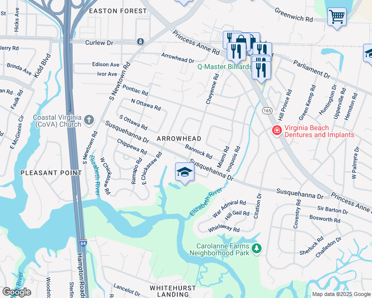 map of restaurants, bars, coffee shops, grocery stores, and more near 5712 Bannock Road in Virginia Beach