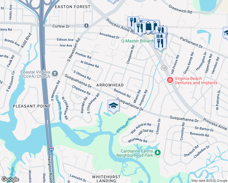 map of restaurants, bars, coffee shops, grocery stores, and more near 5712 Bannock Road in Virginia Beach