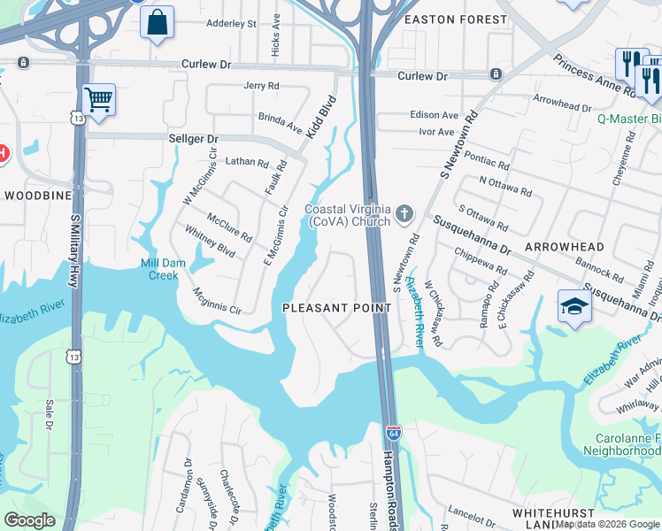 map of restaurants, bars, coffee shops, grocery stores, and more near 357 Peace Haven Drive in Norfolk
