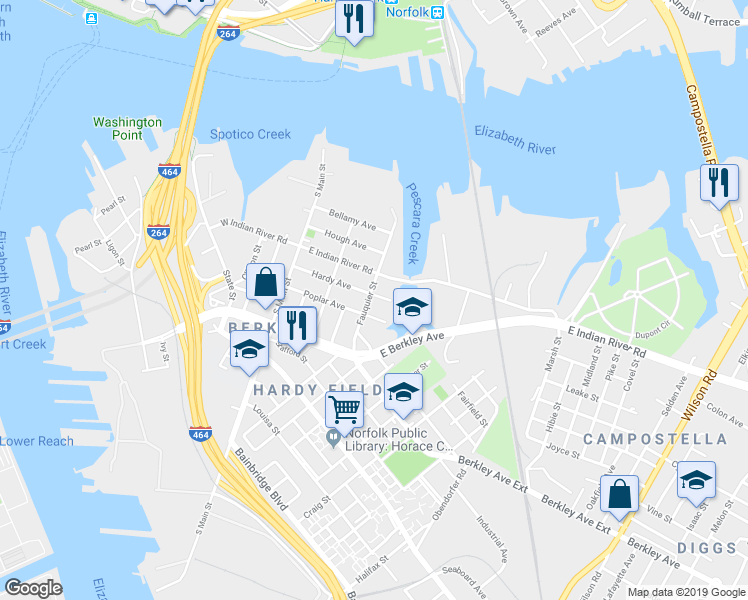 map of restaurants, bars, coffee shops, grocery stores, and more near 224 Hardy Avenue in Norfolk