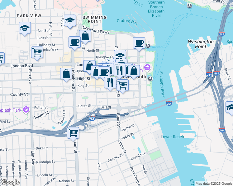 map of restaurants, bars, coffee shops, grocery stores, and more near 346 County Street in Portsmouth