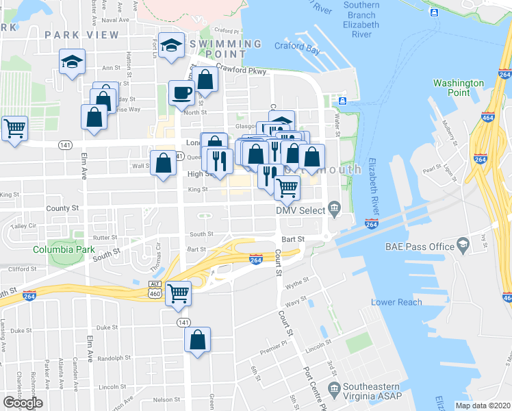 map of restaurants, bars, coffee shops, grocery stores, and more near 422 County Street in Portsmouth