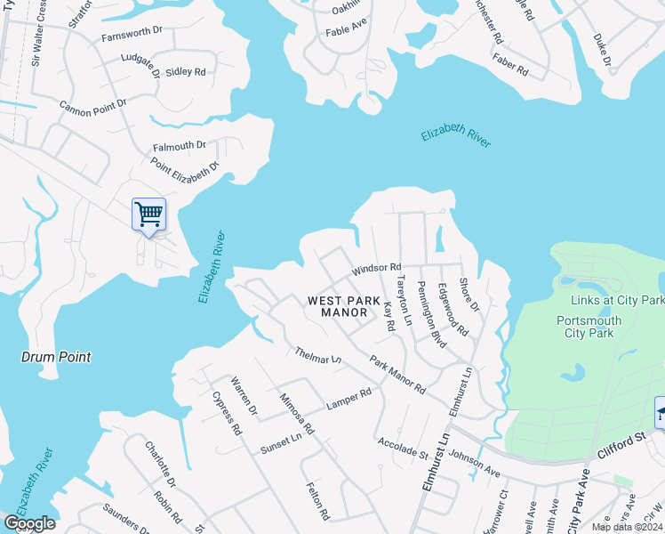 map of restaurants, bars, coffee shops, grocery stores, and more near 502 Poplar Lane in Portsmouth