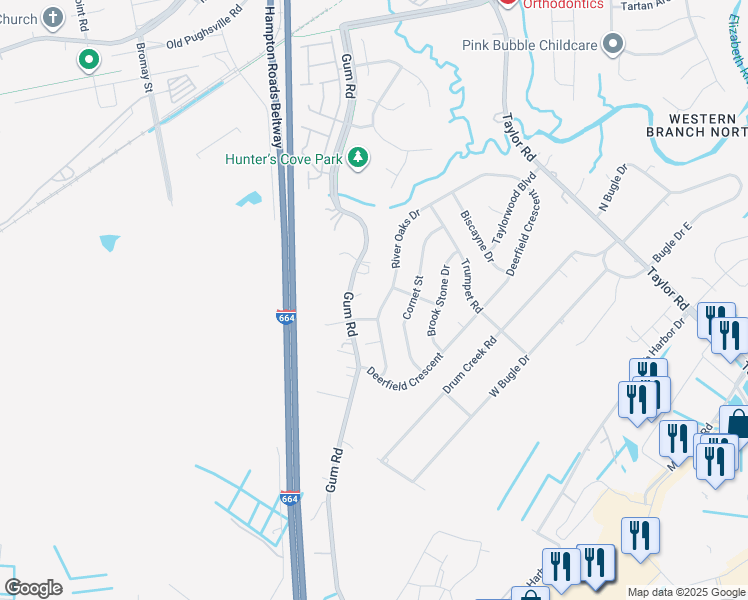 map of restaurants, bars, coffee shops, grocery stores, and more near 2700 River Oaks Drive in Chesapeake