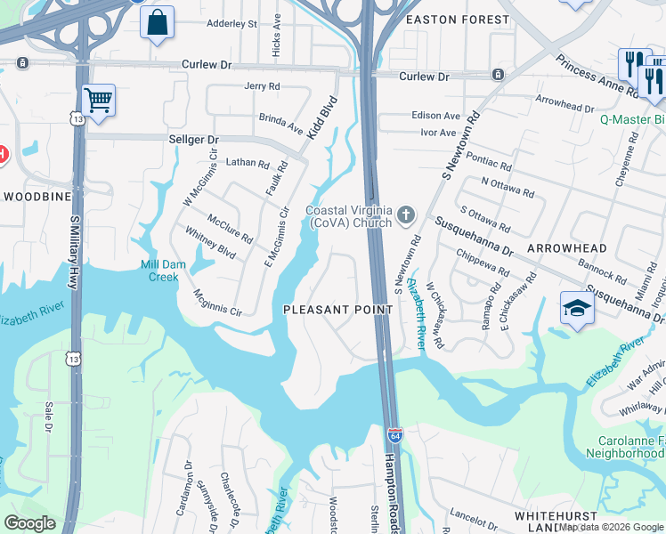 map of restaurants, bars, coffee shops, grocery stores, and more near 357 Peace Haven Drive in Norfolk