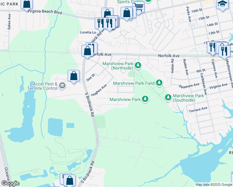 map of restaurants, bars, coffee shops, grocery stores, and more near 1401 Preserve Drive in Virginia Beach