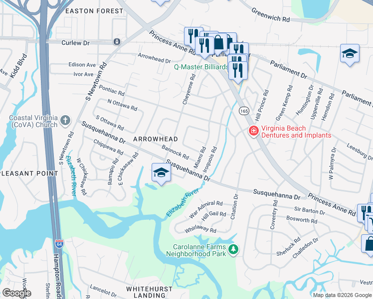map of restaurants, bars, coffee shops, grocery stores, and more near 5609 Miami Court in Virginia Beach