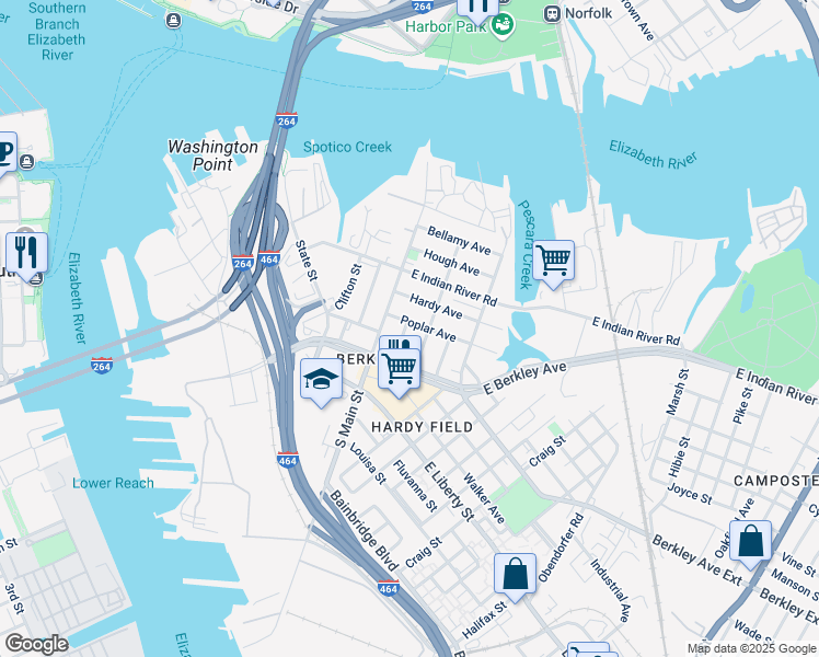 map of restaurants, bars, coffee shops, grocery stores, and more near 134 Poplar Avenue in Norfolk
