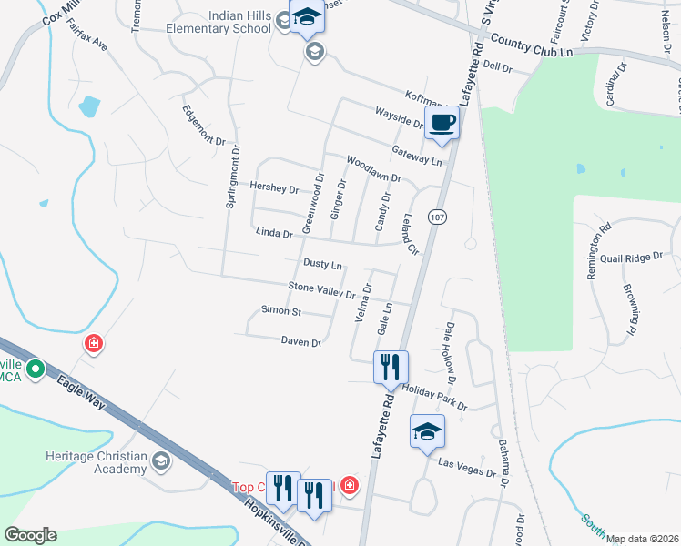 map of restaurants, bars, coffee shops, grocery stores, and more near 3501-3599 Dusty Ln in Hopkinsville