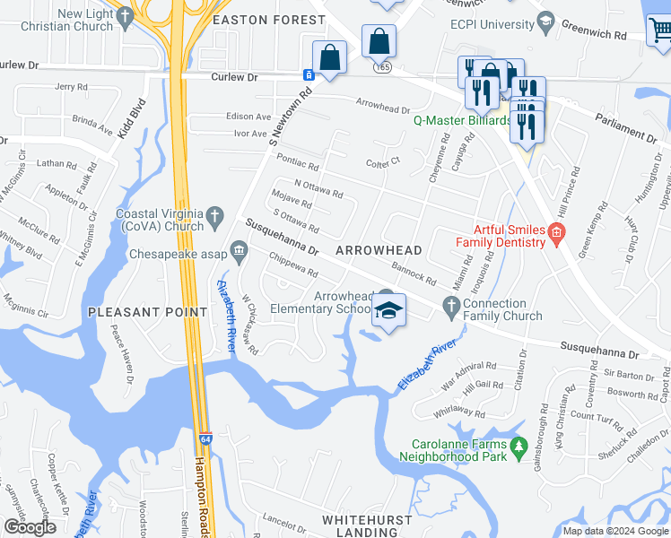map of restaurants, bars, coffee shops, grocery stores, and more near 5737 Susquehanna Drive in Virginia Beach