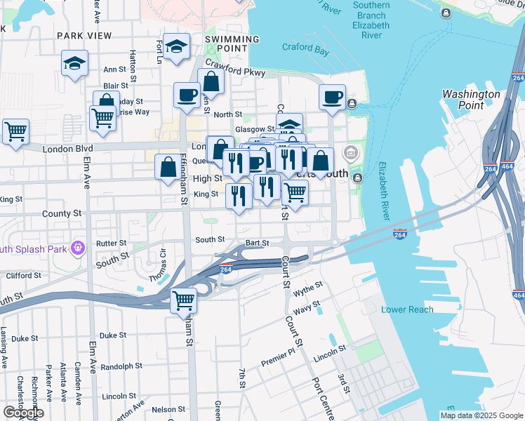 map of restaurants, bars, coffee shops, grocery stores, and more near 431 County Street in Portsmouth