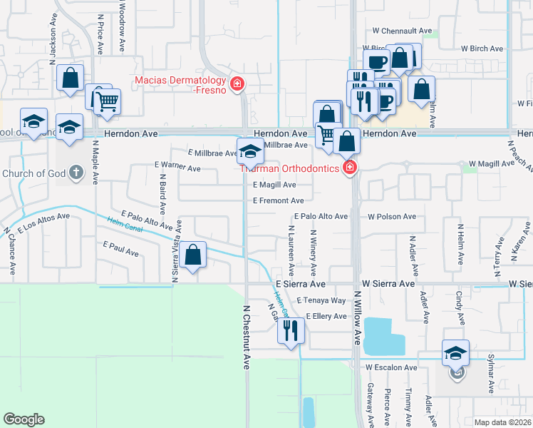 map of restaurants, bars, coffee shops, grocery stores, and more near 3091 East Fremont Avenue in Fresno
