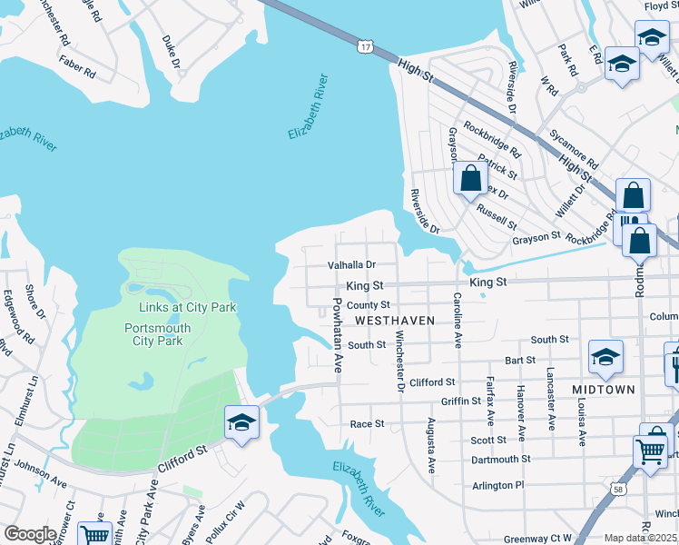 map of restaurants, bars, coffee shops, grocery stores, and more near 4621 Valhalla Drive in Portsmouth