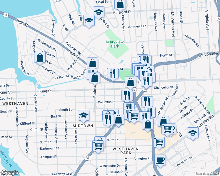 map of restaurants, bars, coffee shops, grocery stores, and more near 3504 King St in Portsmouth