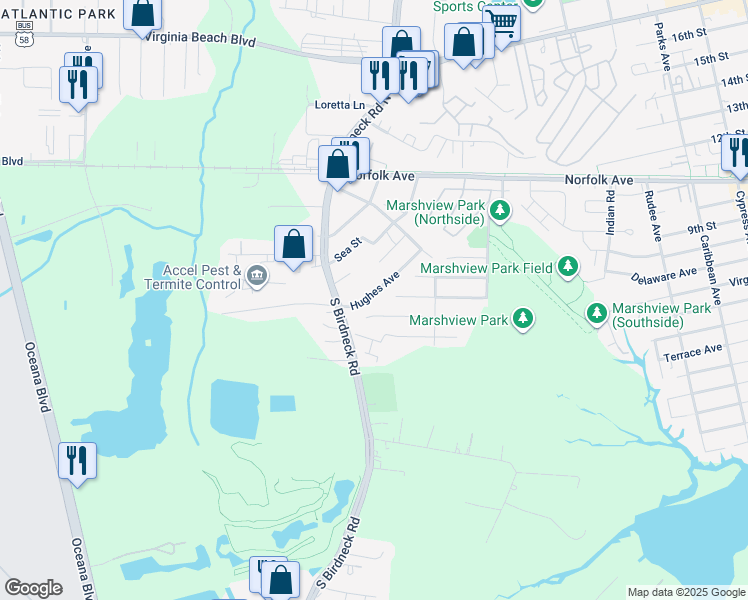 map of restaurants, bars, coffee shops, grocery stores, and more near 164 Hughes Avenue in Virginia Beach