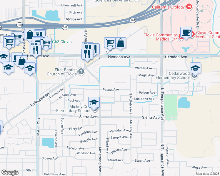 map of restaurants, bars, coffee shops, grocery stores, and more near 2267 Polson Avenue in Clovis