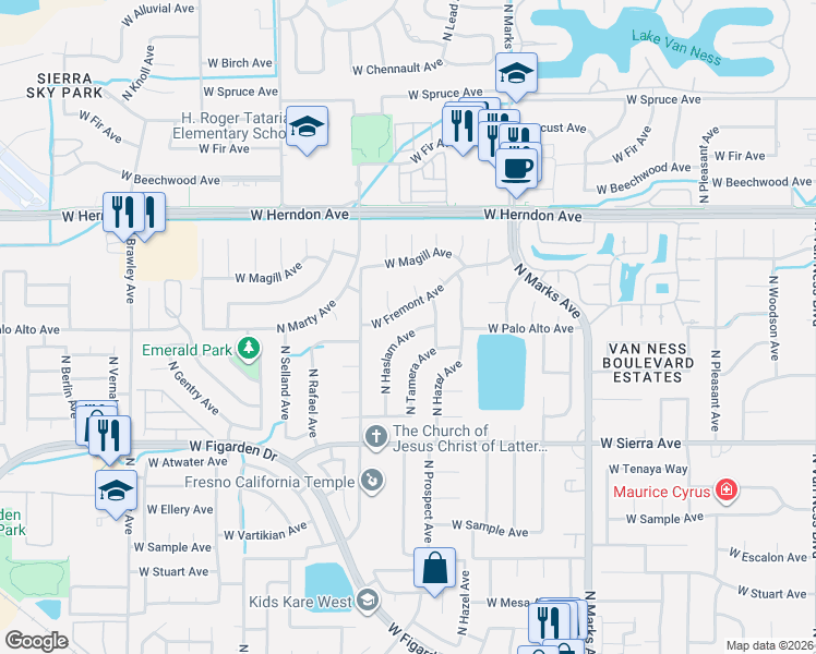 map of restaurants, bars, coffee shops, grocery stores, and more near 6597 North Haslam Avenue in Fresno