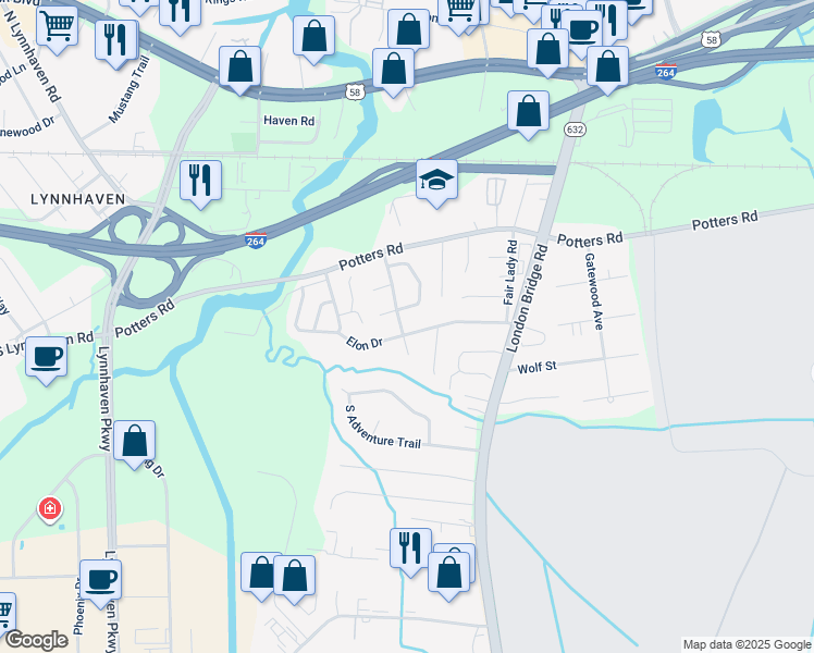 map of restaurants, bars, coffee shops, grocery stores, and more near 228 Cheltenham Drive in Virginia Beach