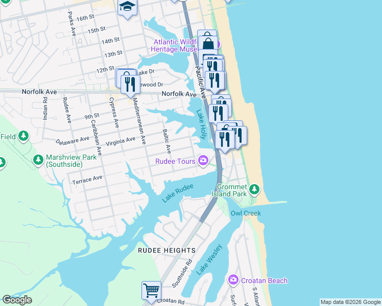 map of restaurants, bars, coffee shops, grocery stores, and more near 409 High Point Avenue in Virginia Beach