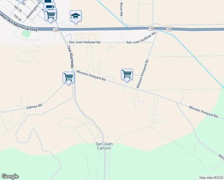 map of restaurants, bars, coffee shops, grocery stores, and more near 333 Mission Vineyard Road in San Juan Bautista