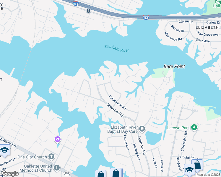 map of restaurants, bars, coffee shops, grocery stores, and more near 116 Goldcrest Drive in Chesapeake