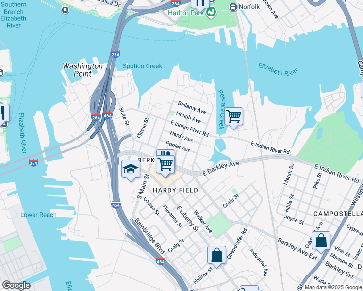map of restaurants, bars, coffee shops, grocery stores, and more near 202 Poplar Avenue in Norfolk