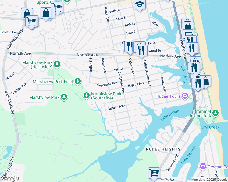 map of restaurants, bars, coffee shops, grocery stores, and more near 820 Virginia Avenue in Virginia Beach